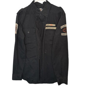 HARLEY DAVIDSON Black Embroidered Patch Logo Long Sleeve Button Shirt M